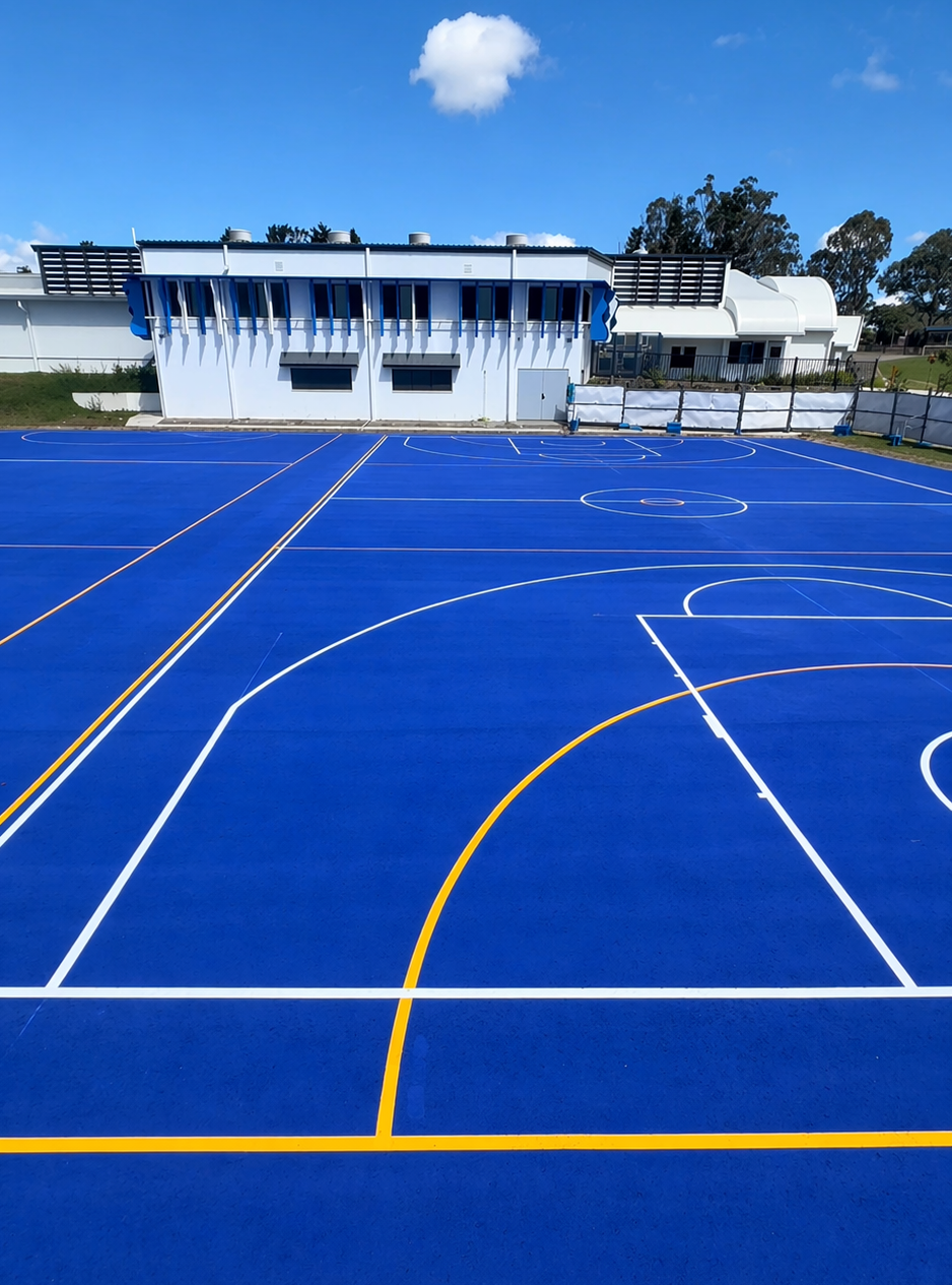 Blue multi-sport court with netball and basketball line marking at Nerang State High School